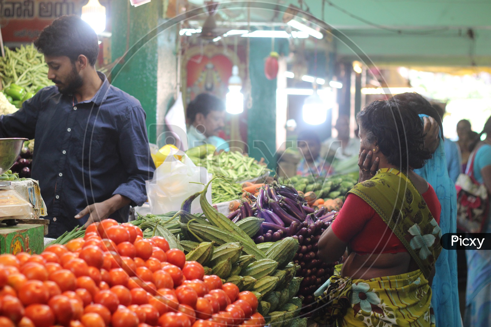Vegetable Market Scene with buyers and sellers