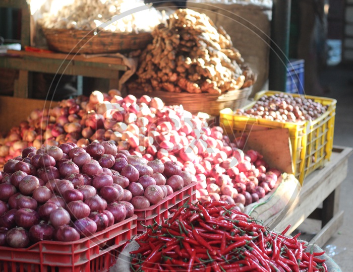 Onions and red chillis at Vegetables Market