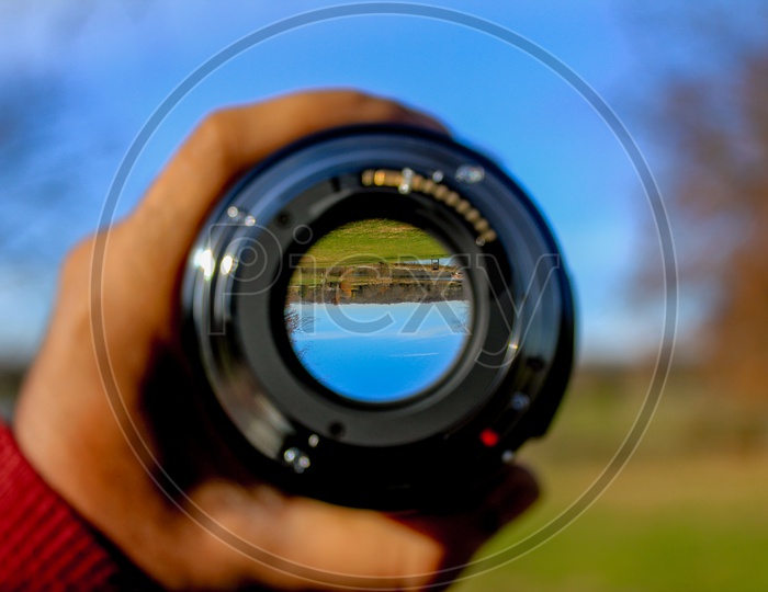 Landscape seen as inverted through the lens