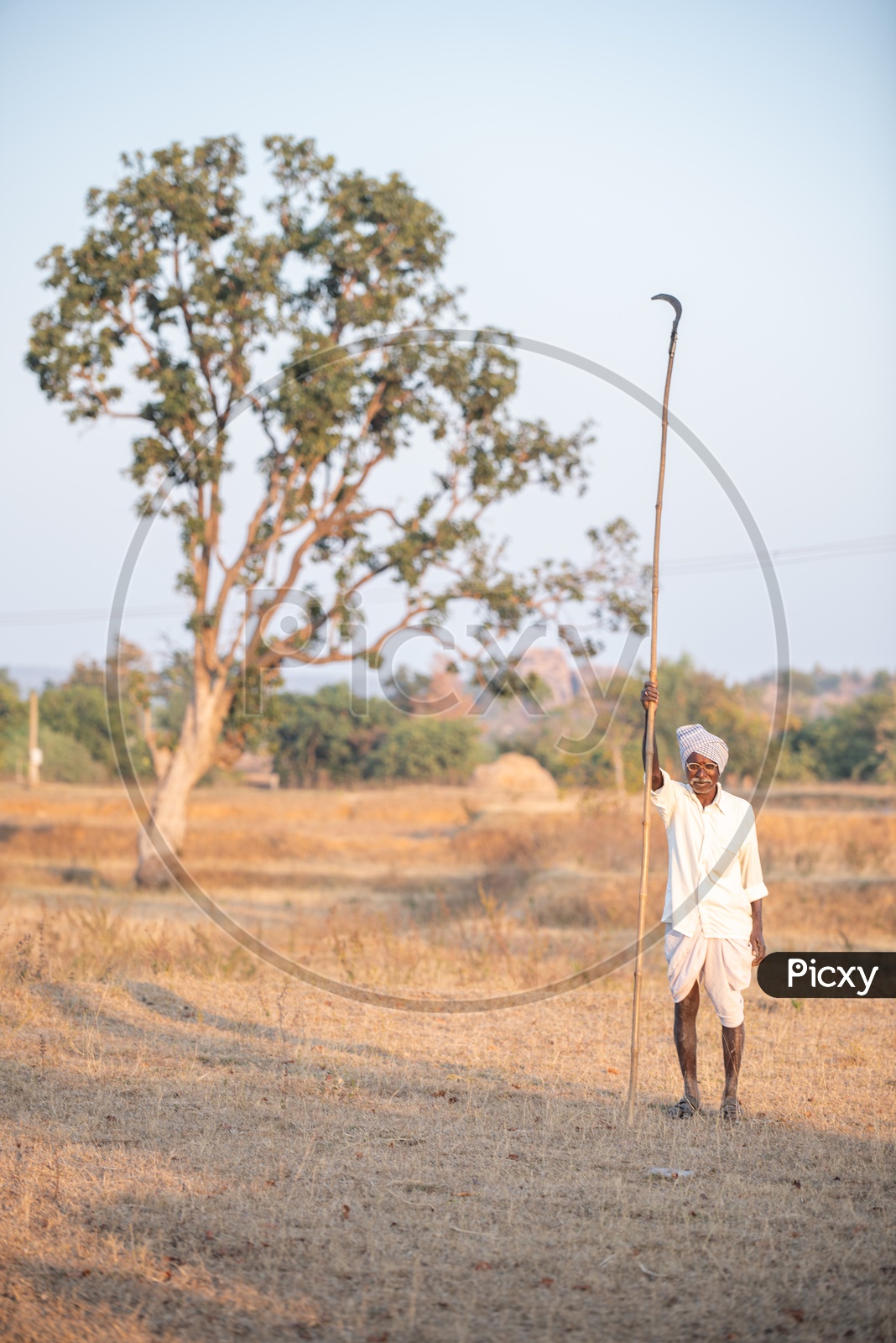 An Indian Old Man In Villages Of Telangana With Agricultural Tool in Hand
