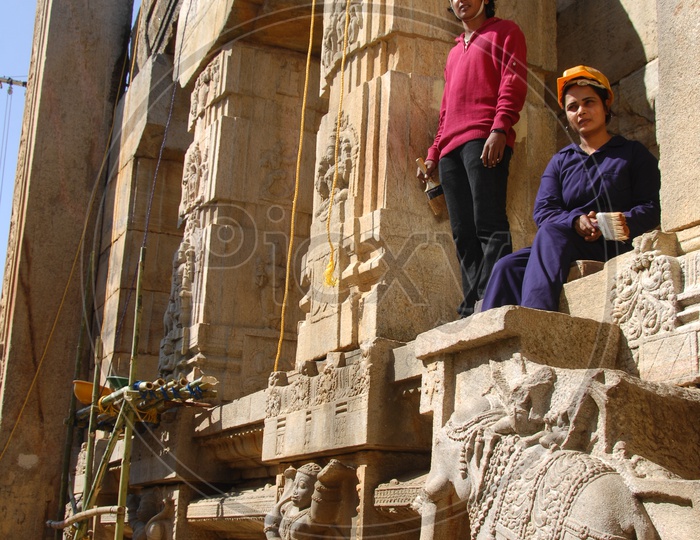 Indian Man Working On  Temple Heritage Restoration Works