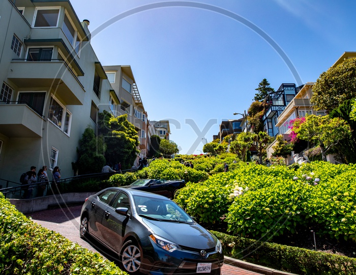Cars on the crooked section of Lombard Street, San Francisco, CA, USA