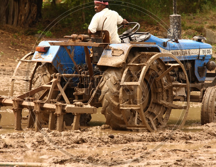 Indian Man Ploughing The Flield with Tractor