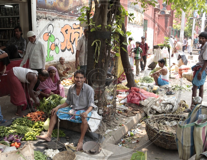 Indian Vegetable Sellers On the Footpaths Of Indian Roads
