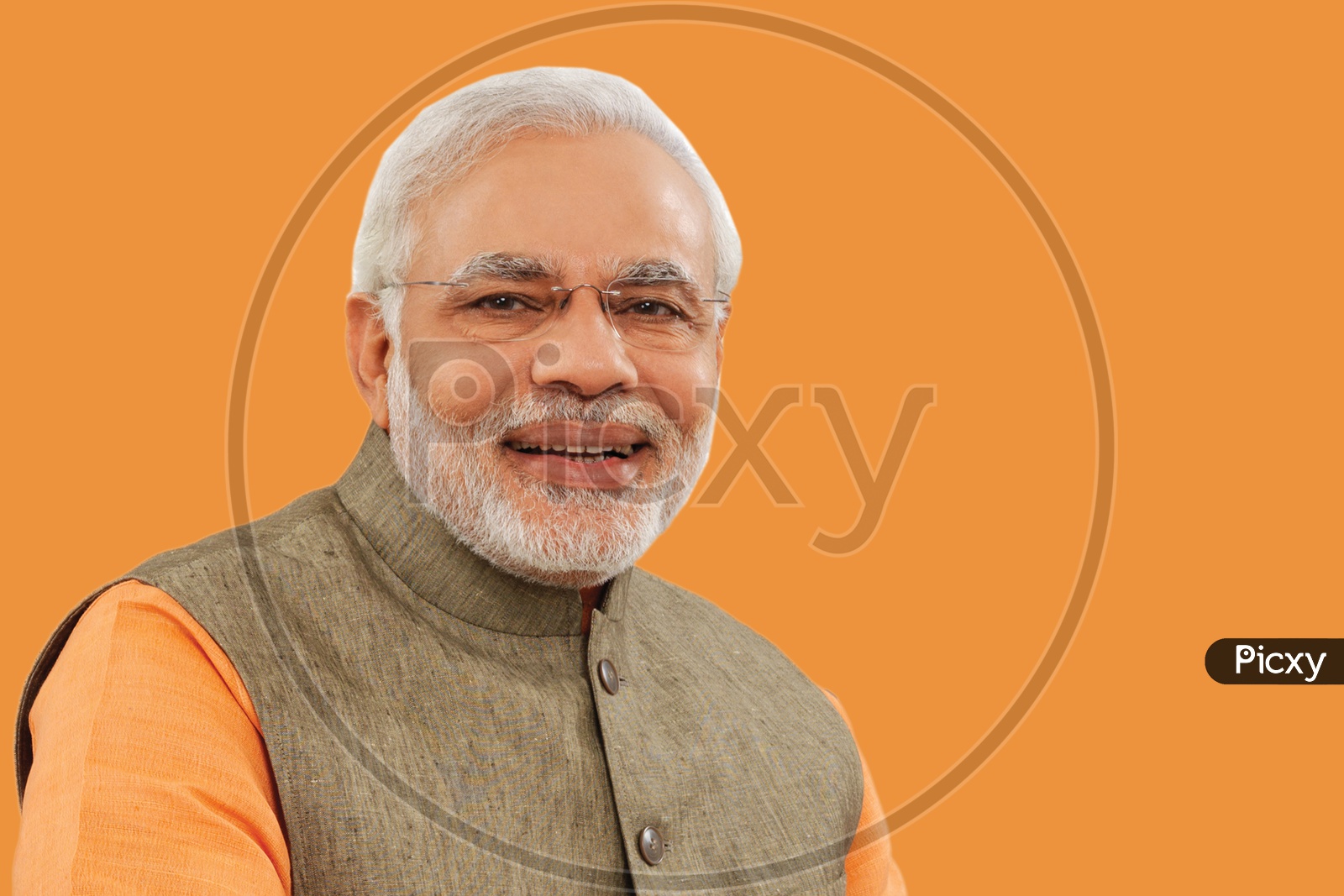Closeup illustration shot of Narendra Modi, The 14th Prime Minister of India smiling with orange background