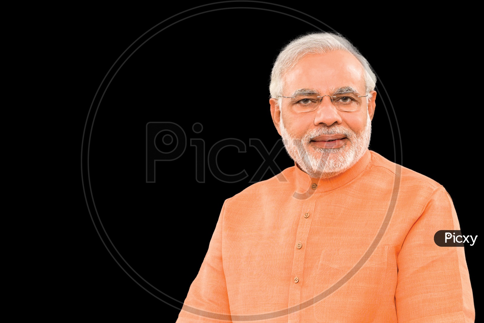 Stock Illustration shot of Narendra Modi, The 14th Prime Minister of India smiling with black background in orange suit