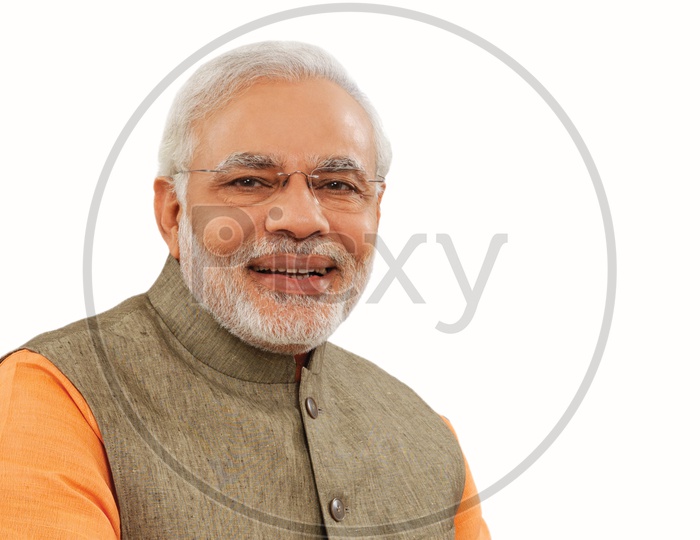 Closeup illustration shot of Narendra Modi, The 14th Prime Minister of India smiling with white background