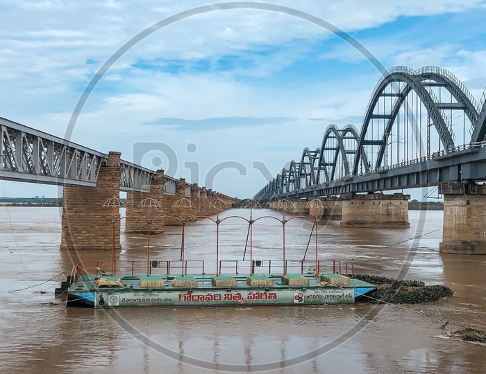 View of Godavari Harathi amidst the two bridges of Rajahmundry