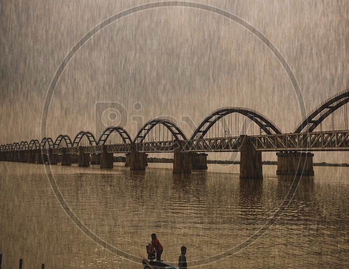 View of Godavari Bridge during Monsoons