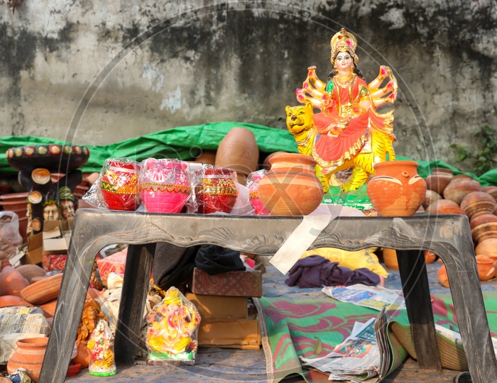Indian Hindu Goddess Durga Idol Being Sold At A Road Side Vendor stall