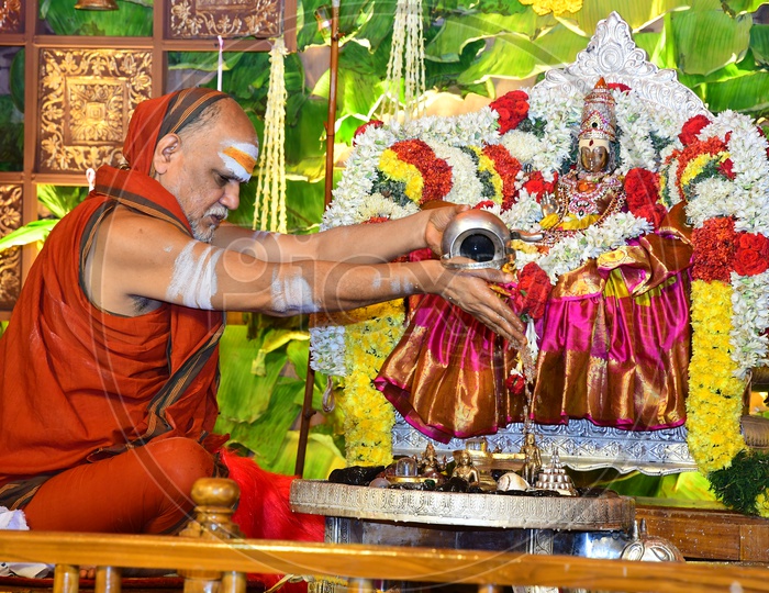 Indian Hindu Priest Performing Aagama Pooja To Goddess Durga