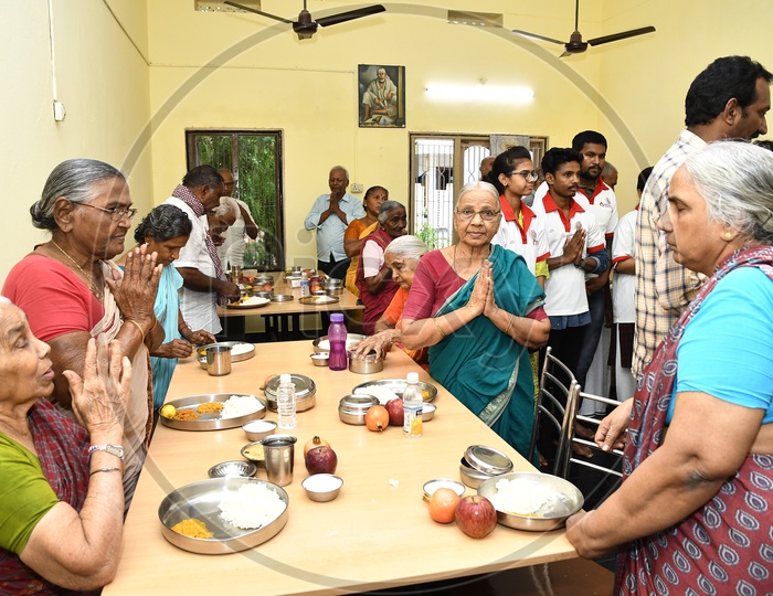 Indian Old Woman  Dining In a Old Age Home  Dining Hall