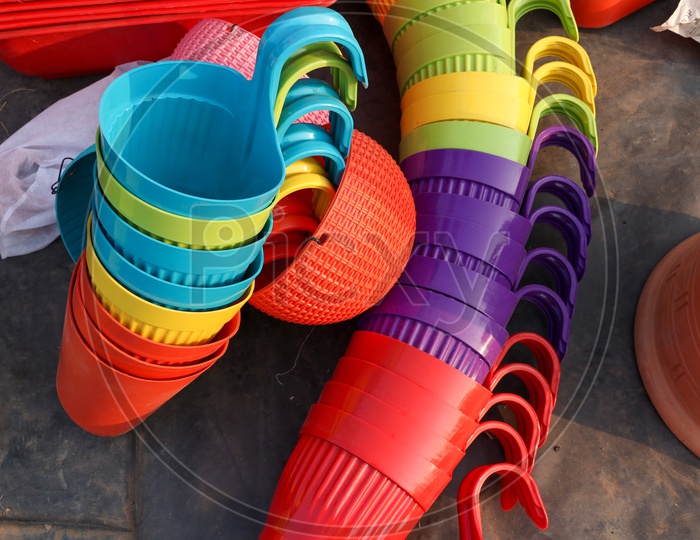 Colorful Plant Pots Being Selling At a Road Side Vendor Stall