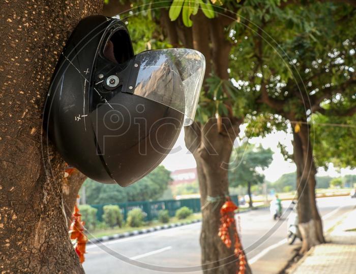 bike Helmet Being Hanging to a Tree