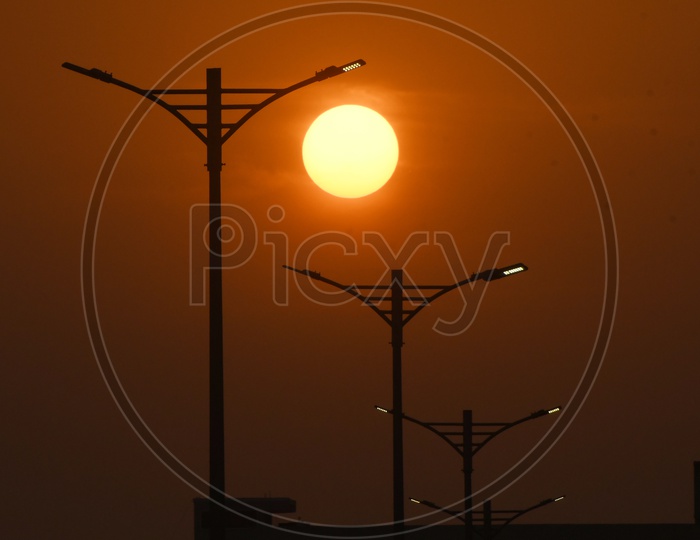 Solar Street lights during sunset in Vijayawada