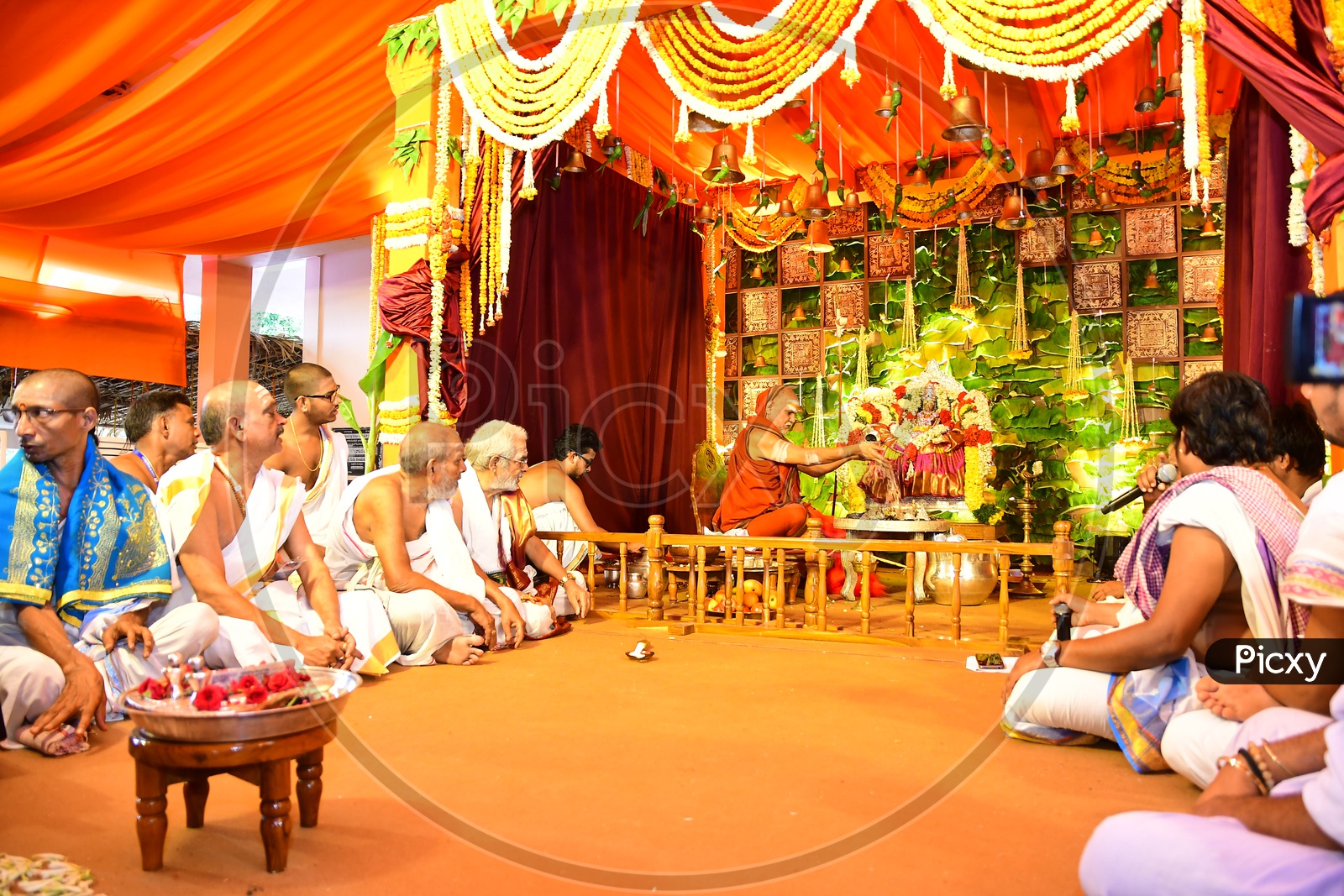Image of Indian Hindu Priest Performing Aagama Pooja To Goddess Durga