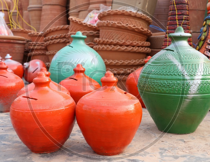 Hand Made Clay Piggy Bank Being Selling at a Road Side Vendor Stall