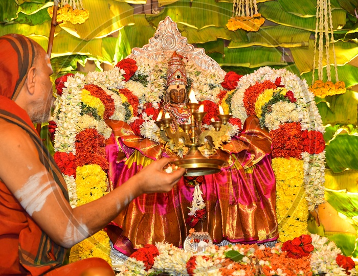 Priests Performing Aagama Puja To Goddess Durga In Vijayawada Temple