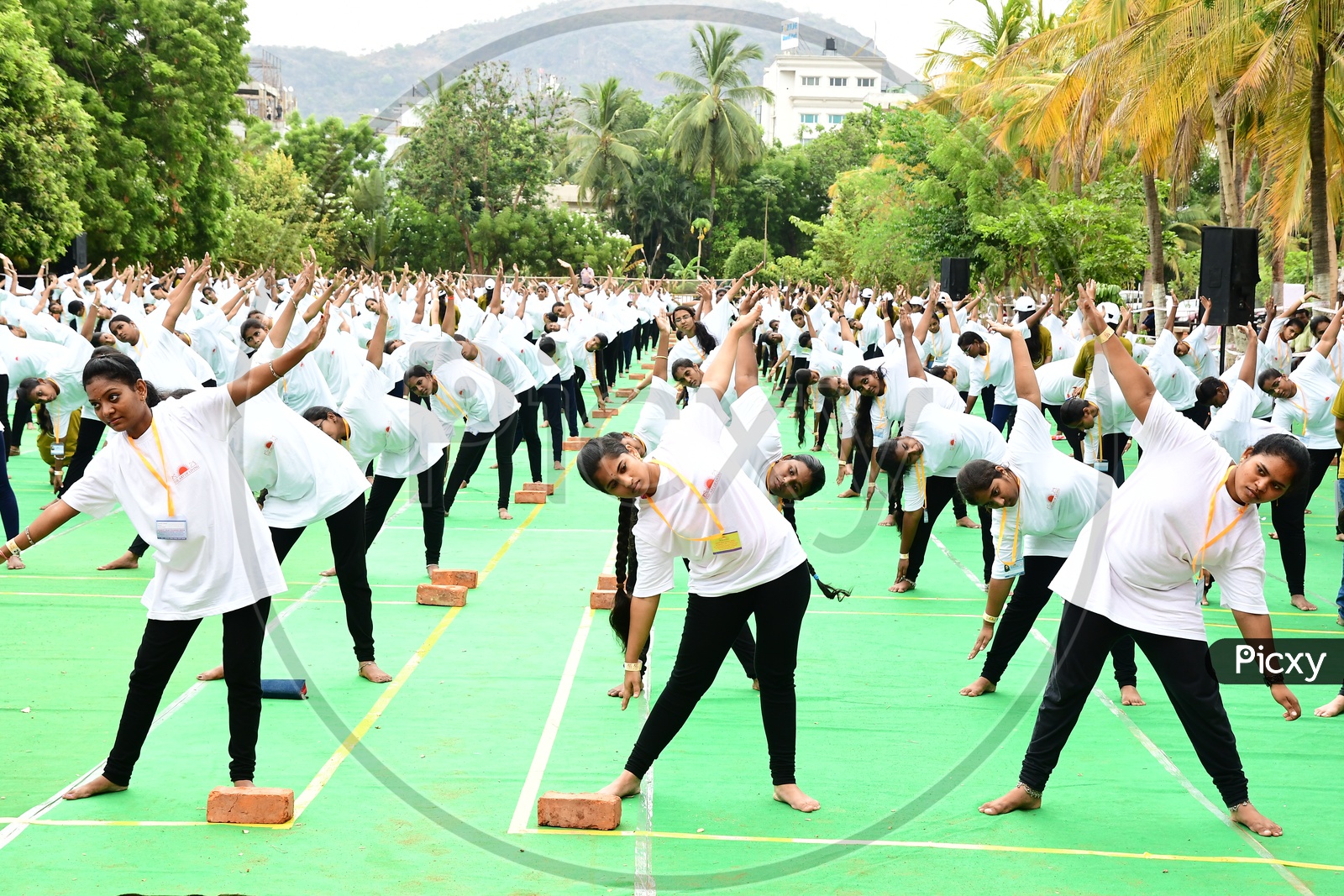 Indian girls during Yoga classes at Art of Living Happiness Center, Vijayawada