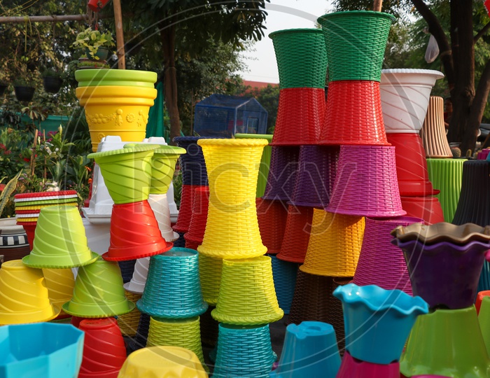 Colorful Plant Pots Being Selling At a Road Side Vendor Stall