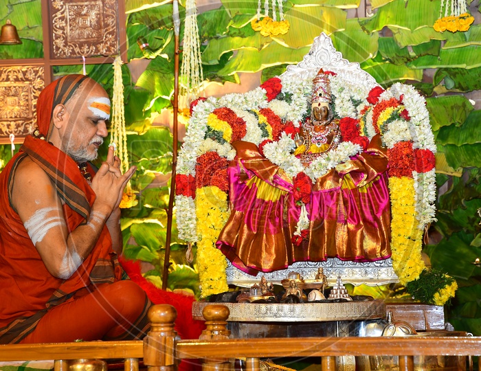 Indian Hindu Priest Performing Aagama Pooja To Goddess Durga
