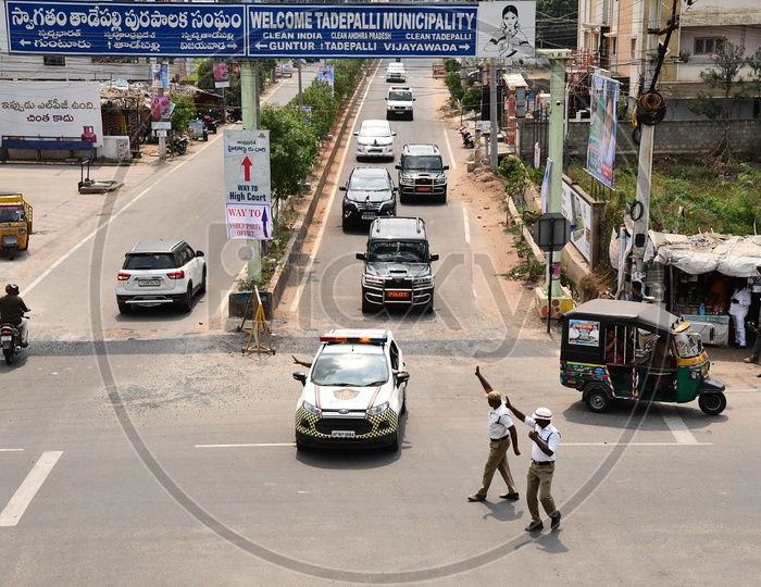 Traffic Police controlling the traffic during the AP CM Convoy