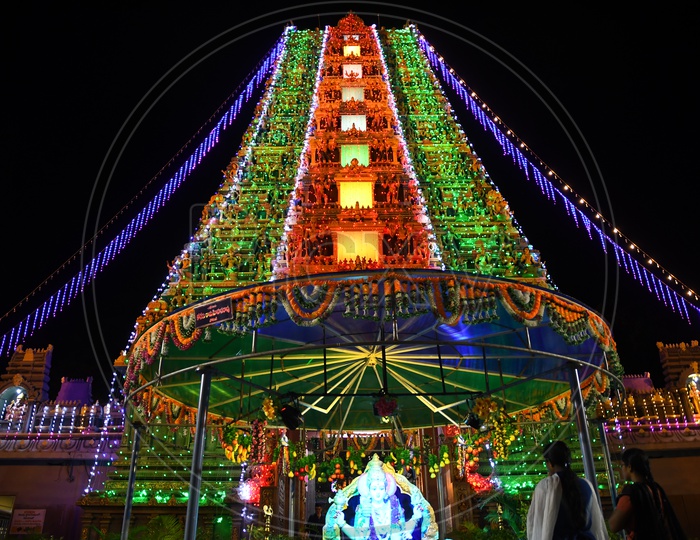 Kanaka Durga Temple Shrine  Decorated With Led Lights During Dussera Navrathrulu In Vijayawada
