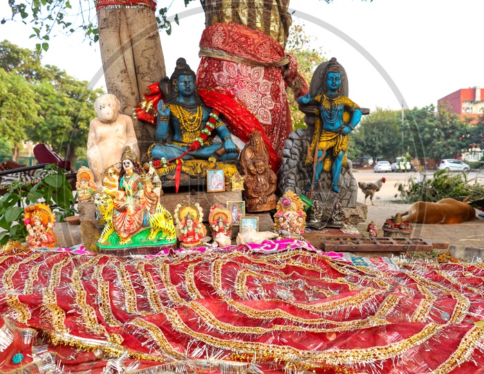 Indian Hindu God Idols at Banyan Tree Stem On Rod Side