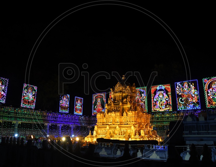 Kanaka Durga Temple Shrine  Decorated With Led Lights During Dussera Navrathrulu In Vijayawada