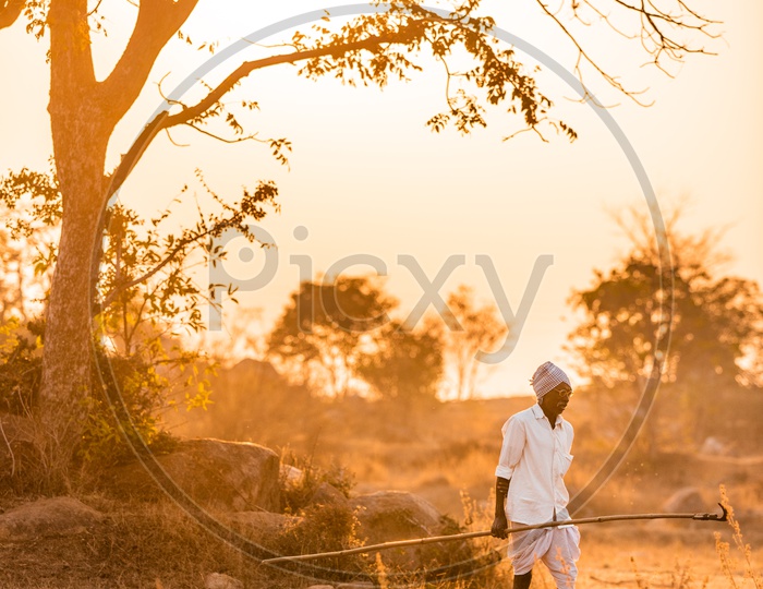 A farmer walks during sunset