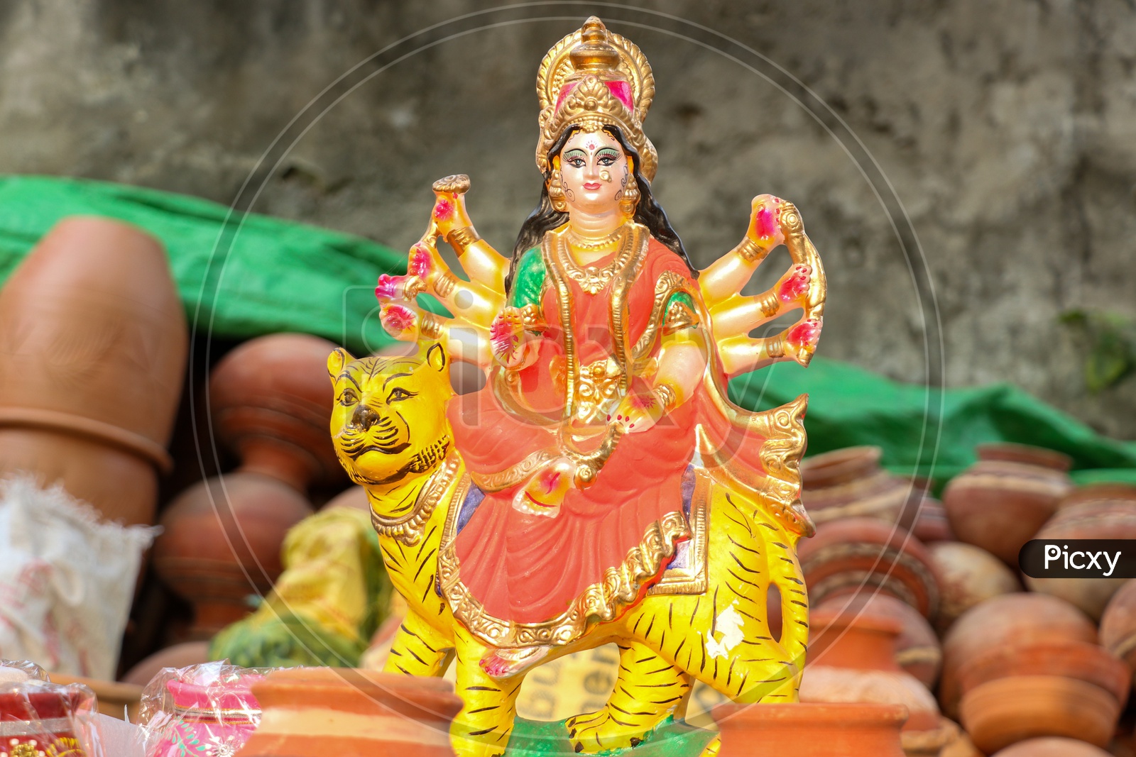 Indian Hindu Goddess Durga Idol Being Sold At A Road Side Vendor stall