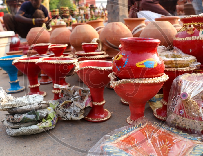 Hand Made Earthen Ware Or Clay Pots Being Selling On Road Side Vendor Stall