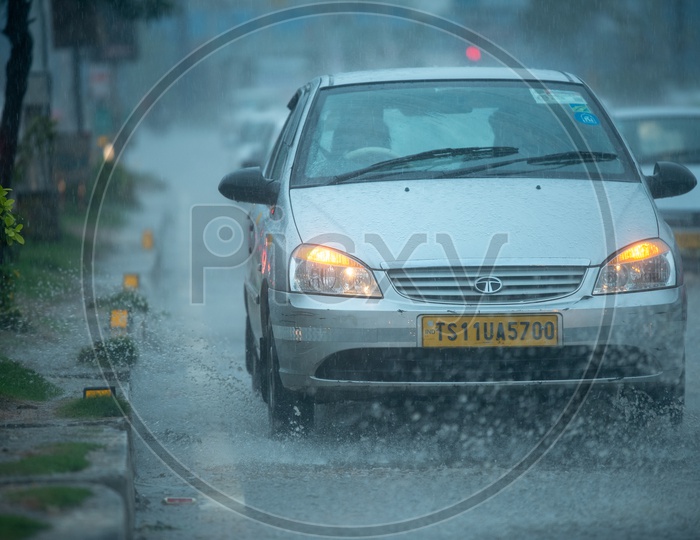 Cab Or Car Running On Heavy Rain on Hyderabad City Roads