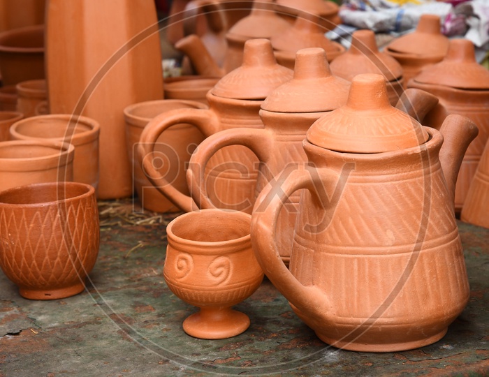 Earthen Clay Ware Or Utensils Selling In a Stall At A Flea Market