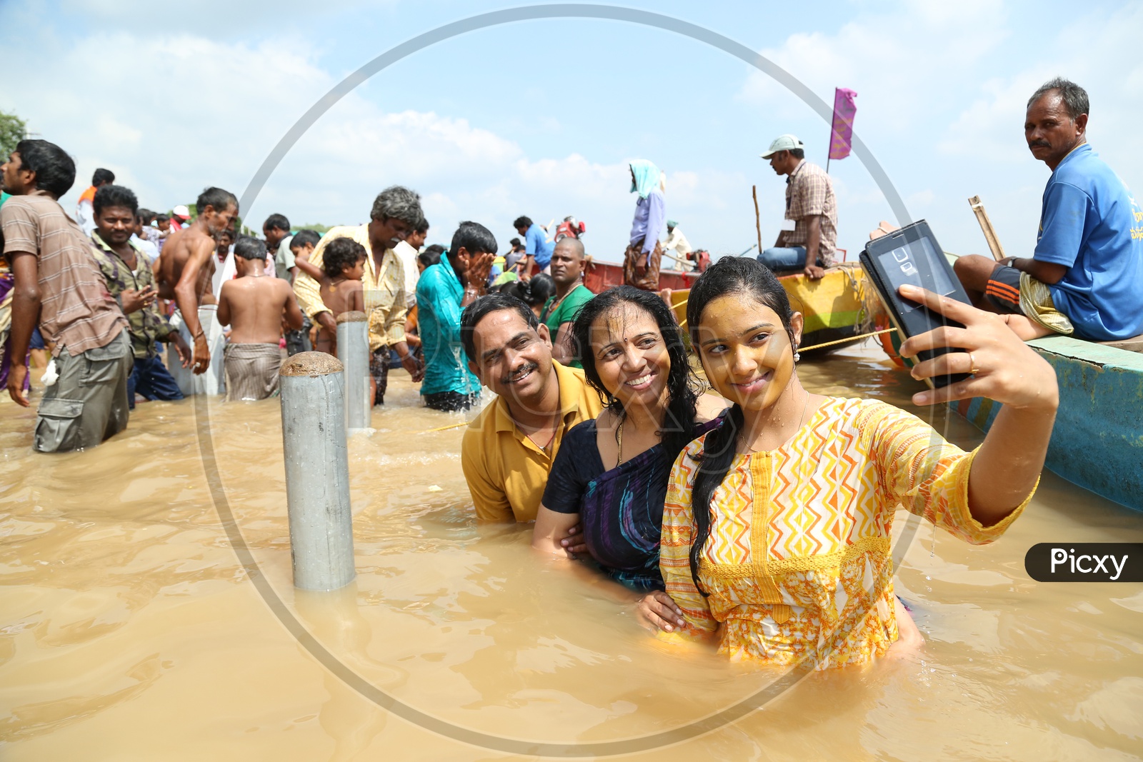 Image Of Indian Hindu Devotees Taking Holy Bath In River Krishna During