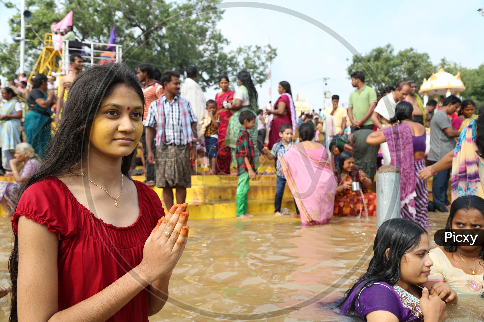 Indian Hindu Girl Devotees Taking Holy Bath In River krishna During Pushkaralu
