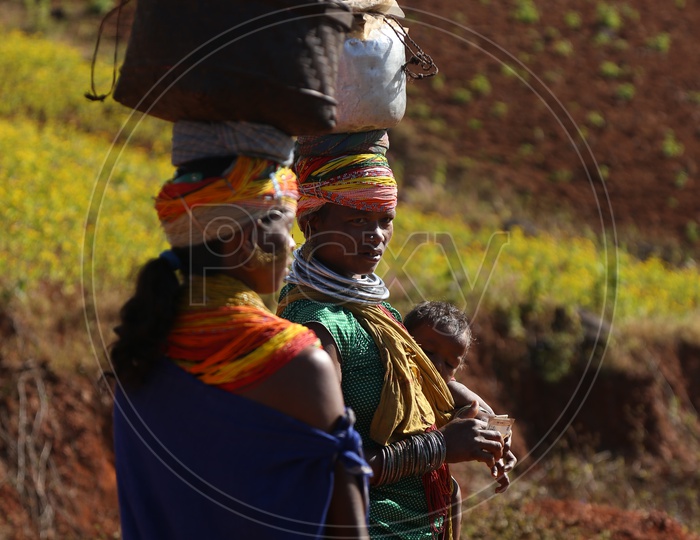Bonda Tribal Woman With Her Child In Tribal Villages Agricultural Fields