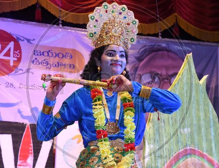 Closeup of Indian boy in Lord Krishna Costume during Yantharang in Vijayawada