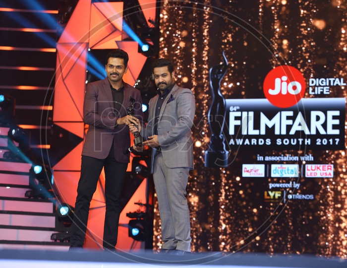 Tollywood Actor Jr. NTR receiving a Filmfare award
