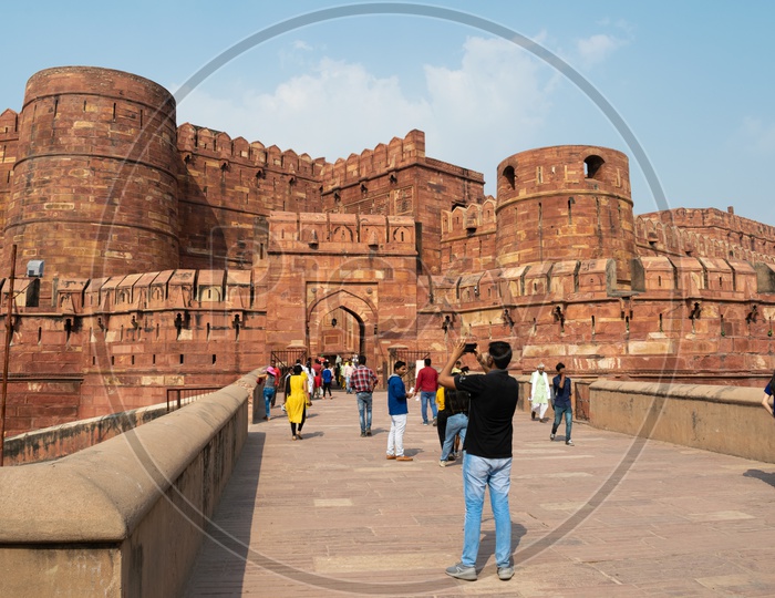 Agra Fort With Architecture View With Walls And Visitors