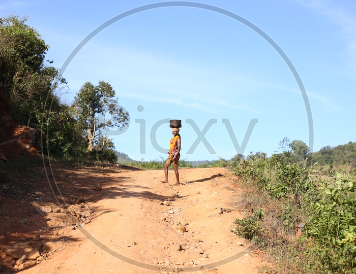 Bonda Tribal Woman On Pathways Of Tribal Villages In Andhra Odisha Border
