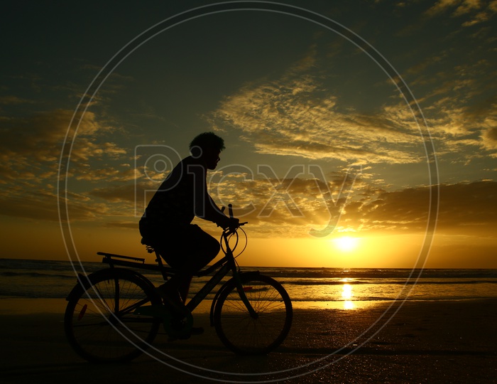 Silhouette Of  A Bicycle Rider In a Beach
