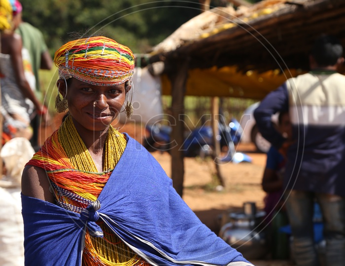 Portrait Of Bonda Tribal Woman At a Local Market in tribal Villages