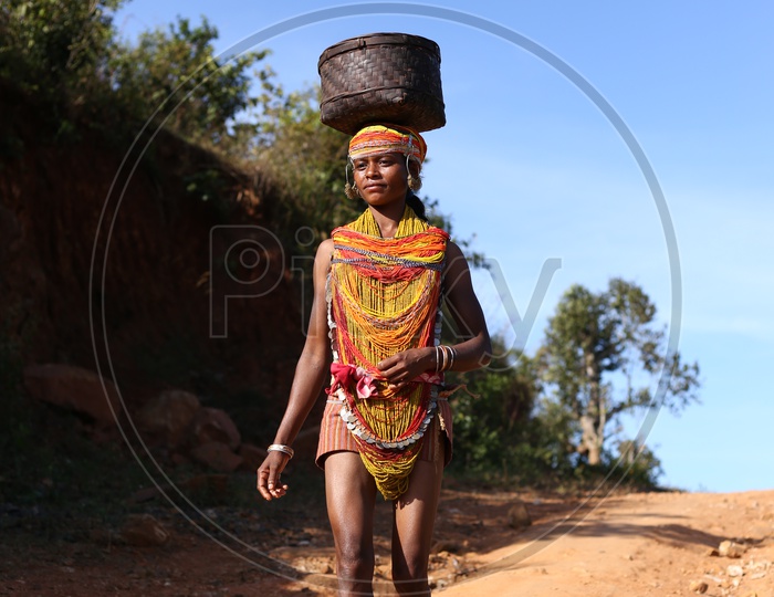 Bonda Tribal Woman Walking on Pathways At Tribal Villages