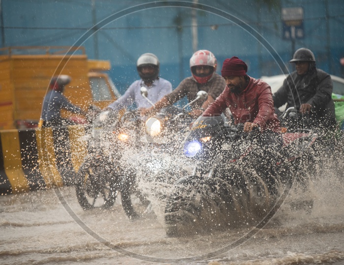 Bike Commuters Running on Heavy Flooded Roads in Hyderabad Due To Monsoon Heavy Rainfall