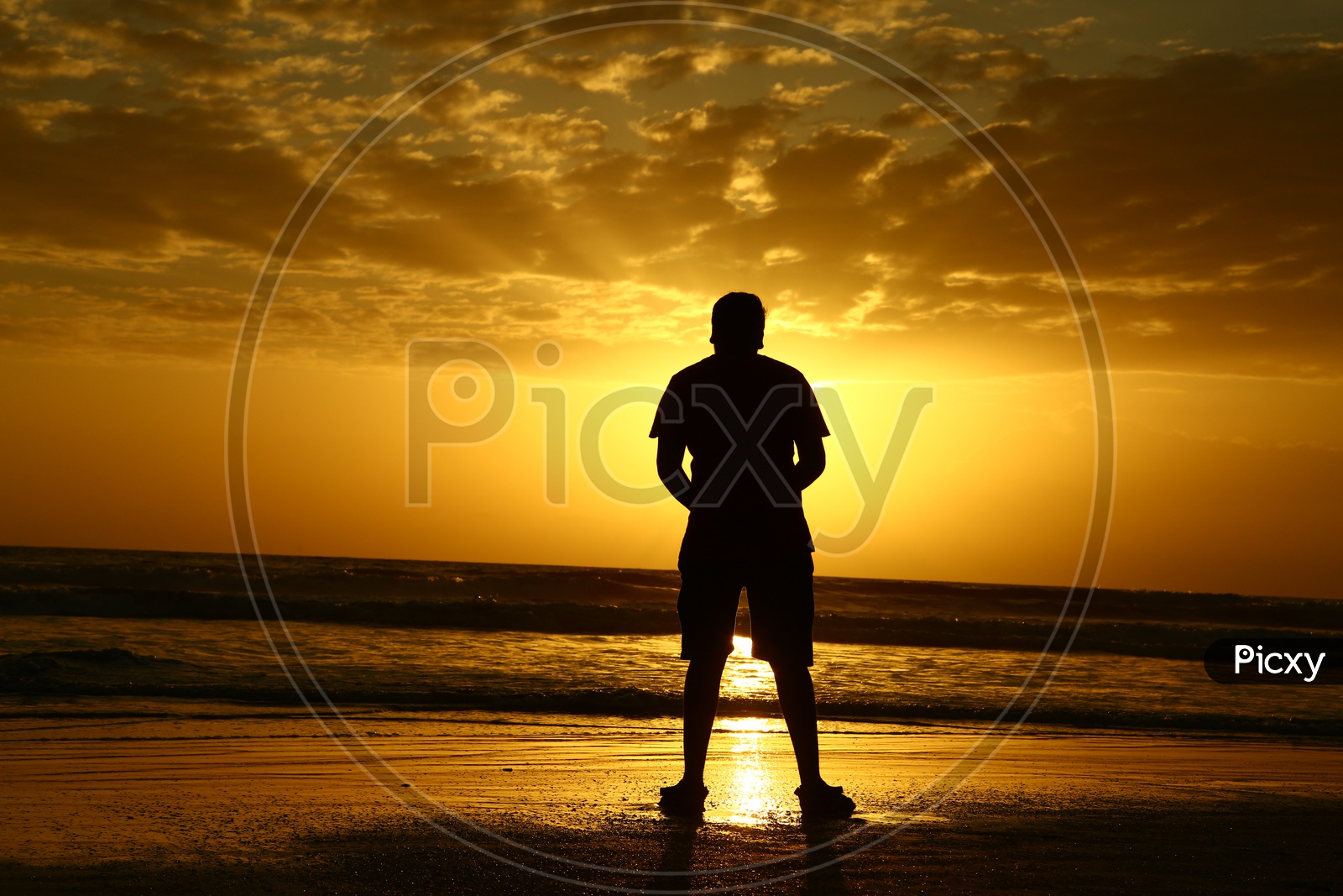 Silhouette Of a Man Standing In a Beach Over Golden Sunset Sky In a Beach At Goa