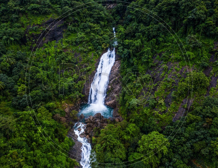 Aerial shot of Maramala waterfalls located near Vagamon,Kerala.