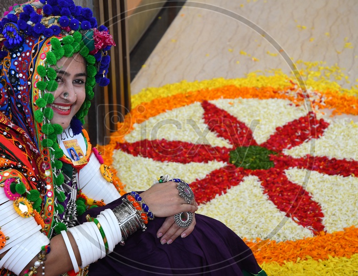 Beautiful Indian Woman  in Traditional Dress At Garba Dandiya Raas Event as a Part Of Durga Navratri