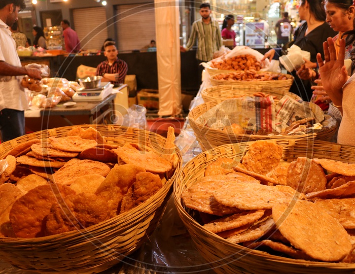 Display of North Indian traditional snacks in a shop