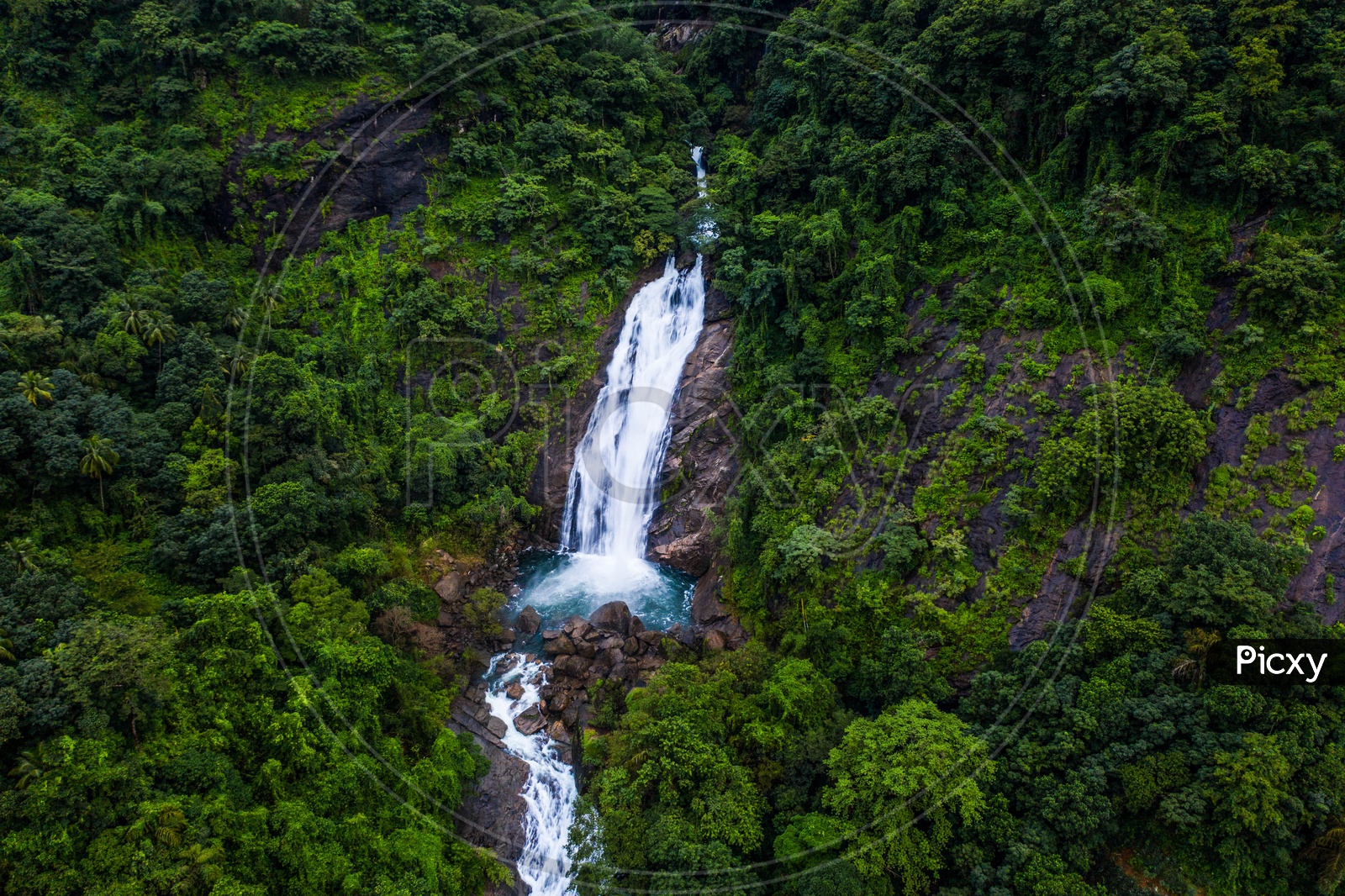 Aerial shot of Maramala waterfalls located near Vagamon,Kerala.